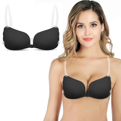 DiiWmme Sticky Backless Push Up Bra 1 Pack, Reusable Invisible Self Adhesive Bra for Women, Strapless Bra with Removable Clear Straps, Perfect for Wedding Backless Dresses Everyday Wear (Black)