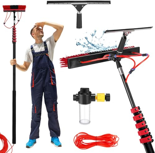Brosse télescopique alimentée en eau de 10,8 m pour le nettoyage du toit et des panneaux solaires, kit de lavage de fenêtre avec raclette et distributeur de savon, idéale pour les voitures, camions