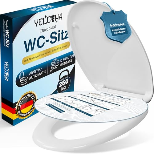 YELCONA Premium WC Sitz mit Absenkautomatik Oval – Toilettendeckel Weiß aus antibakteriellem Duroplast – Klodeckel mit Quick-Release & UV-Schutz – Inkl. Montage-Schablone & Edelstahl-Befestigung