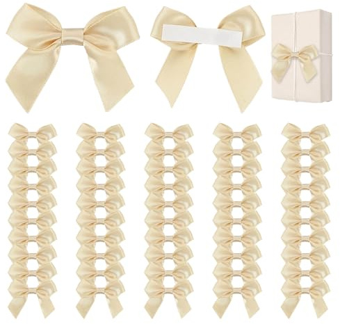 Selbstklebend Satinschleifen, 50 Stück Satinband Schleifen mit Kleberückseite, Geschenkverzierung Schleife Kleine Schleifen, für die Dekoration von Geburtstagsfeiern, Beige