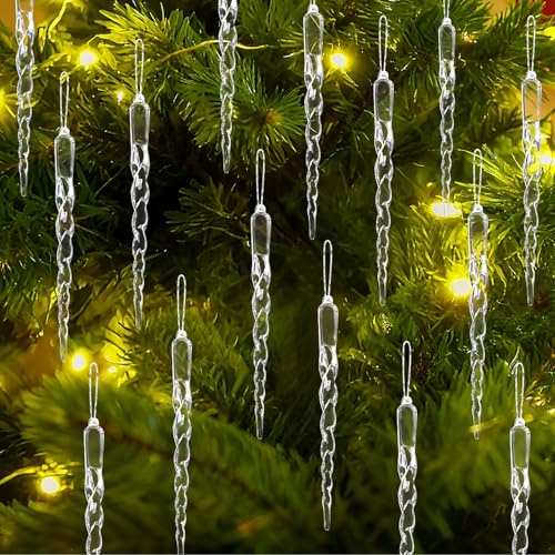 Christmas Icicle Ornaments, 24 Pcs Plastic Crystal Ornaments for Christmas Tree, Clear Acrylic Crystal Icicle Hanging Ornament for Xmas New Year Holiday Wedding Winter Party Decorations, 5.1 Inch