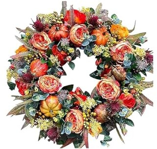 Türkranz Herbstlicher Pfingstrosen & Kürbiskranz Herbstkranz Haustürkranz Modern Ganzjährig Türkranz AußEn Personalisiert Blumenkranz Deko (Z5-Yellow, 45x45x6cm)