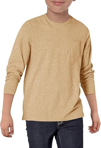 Haloumoning Pojkar långärmad tröja barn rund hals T-shirt enfärgad långärmad sporttoppar casual basic t-shirts toppar med bröstficka 5–14 år, kaki, 9-10 år