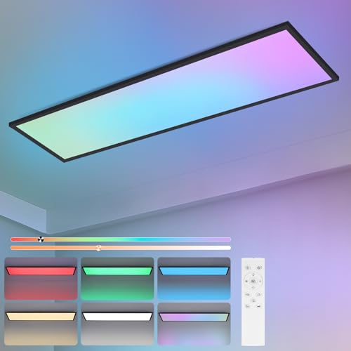 Woiledlt Deckenlampe LED Panel 120x30cm - Deckenleuchte Dimmbar RGB | 39W Deckenpanel Rechteckig Farbwechsel Küchenlampe mit Fernbedienung Flach Bürolampe für Wohnzimmer Esszimmer Schlafzimmer