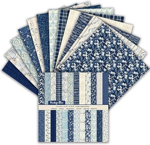 Scrapbook Papier 15x15cm Doppelseitiges Dekorpapier, 24 Blatt 160gsm Decoupage Paper Bastelpapier für Scrapbooking, Junk-Journaling und Kartenmachung, ideale Scrapbook-Zubehör (Blau)