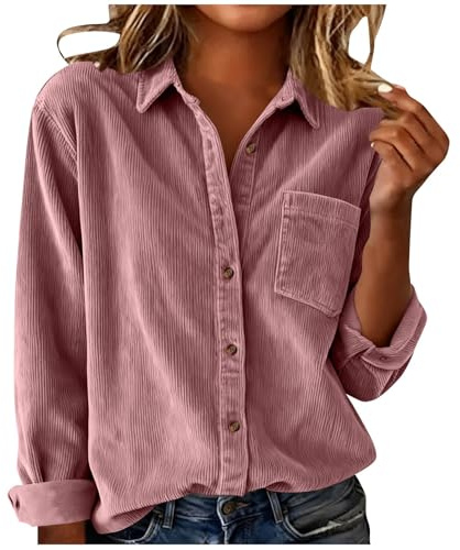 Generisch Bluse Damen Cord Einfarbig Langarm Top mit Knöpfen und Brusttasche Oberteile Frauen Kleidung für Alltag Büro Freizeit Reisen Frühling Herbst Casual