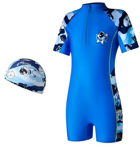 ADUDVLO Boys and Girls Swimming Costume with Front Zipper & Swim Cap – Cartoon One Piece Bathing Suit for Kids Ages 4–10, Stretchy Swimwear (UK, Age, 5 Years, 6 Years, Regular, Blue Astronaut)