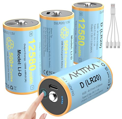 AKTTKA Piles D Rechargeables Lot de 4, 1,5V Li-ION D/LR20 12580mWh, Charge directe USB-C 5V/1A, câble USB-C 4-en-1, Affichage Tactile du Niveau, pour Camping/Torches/Radio/éclairage d’Urgence