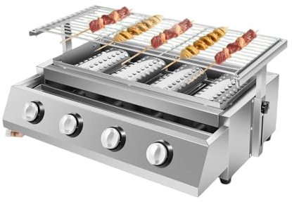 Mqwdxzfes 4 quemadores de acero inoxidable para asar a gas, 4 quemadores, parrilla electrónica de mesa, portátil, altura regulable, asador de gas LPG de 2800 Pa para camping, balcón, jardín, 57 x 39 x