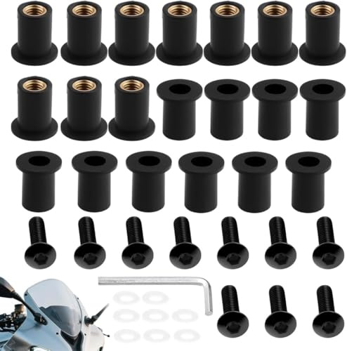Leiwee Kit Fissaggio M5 Moto, 10 Pezzi Viti in Alluminio con Dadi in Gomma e Rondelle Trasparenti, Set per Parabrezza e Carene Moto, Accessori di Fissaggio Antivibranti con Chiave a Brugola