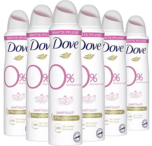 Dove Pearl Touch-deospray, dam, 6-pack, utan aluminiumsalter, 48 timmars skydd (6 x 150 ml)
