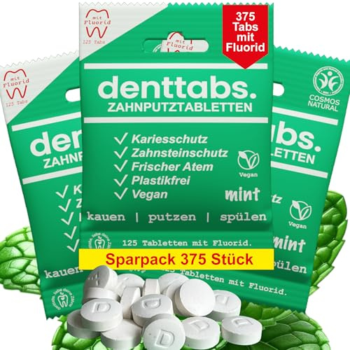 Denttabs Zahnputztabletten die vollwertige Alternative zur Zahnpasta, 125 Stk. für 2 Monate. Mint mit Fluorid - VEGAN Plastikfrei ohne Konservierungsstoffe. Im kompostierbaren Beutel (375)