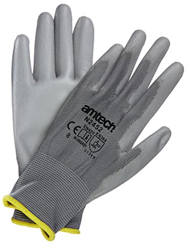 Amtech N2452 Light Duty PU Coated Work Gloves Medium (Size 8), Certified Quality for Craft, Assembly and Packing, Grey