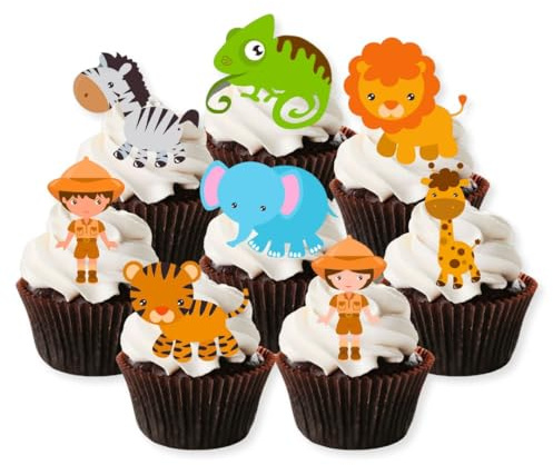 Safari Animal Edible Cupcake Toppers – Cute Jungle Creatures & Explorer Theme Party Cake Decorations – PRECUT 5cm/2 Inch (Pack of 24)