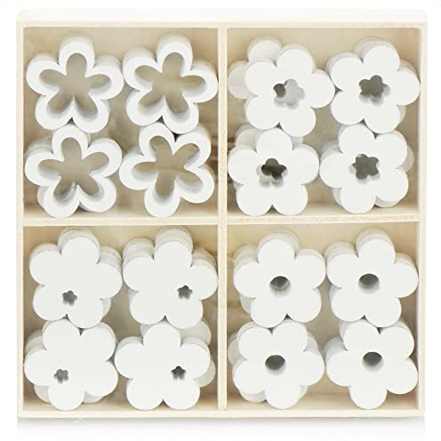 com-four® 32x Blume Streudeko, Kleine Blumen aus Holz in Vier Designs | Holz-Blüten für Tischdeko und Frühlingsdekoration
