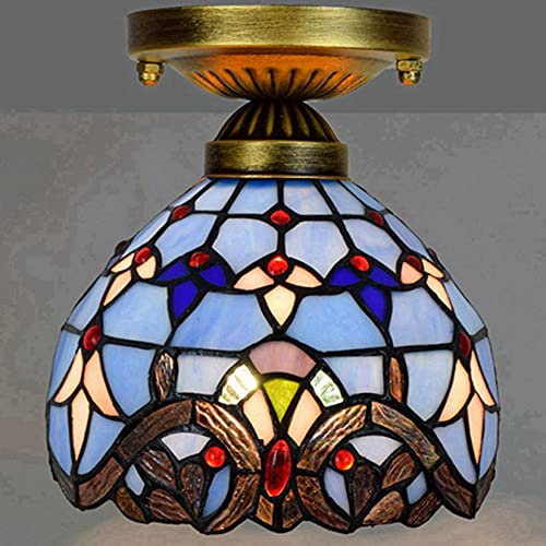 Lámpara de mesa con vitrales estilo Tiffany Lámpara de techo Lámpara colgante de techo para colgar en el techo 8 azul púrpura con pantalla barroca lámpara Tiffany para comedor dormitorio,Ceiling lamp