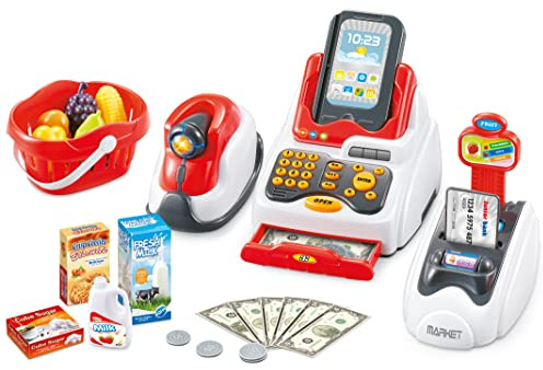 Teorema 66931 - Set Spesa per bambini giocattolo con Scanner, Palmare e Registratore di Cassa, effetti luminosi e sonori, con Cestino per la spesa e alimenti realistici