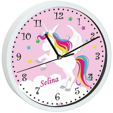 CreaDesign, Wanduhr Kinder personalisiert mit Name, Motiv Einhorn rosa, Rahmen Wanduhr weiß, Ø 19,5 cm