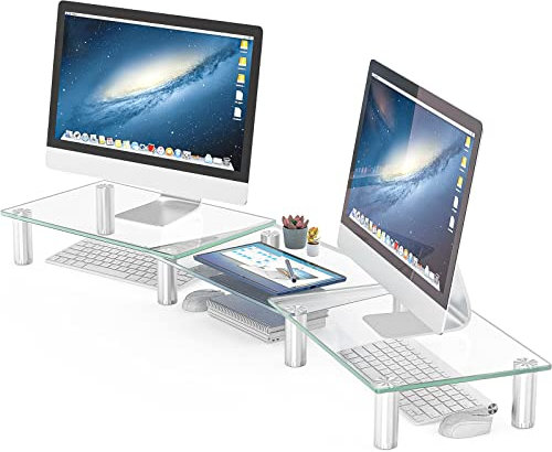 Hemudu Dual-Monitor-Ständer, verstellbare Länge und Winkel, Dual-Monitorerhöhung, Desktop-Organizer für PC, Computer, Laptop (transparent)