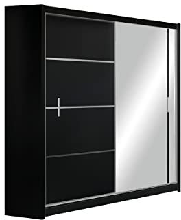 Kleiderschrank Vista mit Spiegel 180 cm, Schwebetürenschrank, Garderobeschrank Schlafzimmer; Wohnzimmerschrank; Korpus Schrank Farbe: Schwarz; Farbe der Schrankfront: Schwarz; Mehrzweckschrank