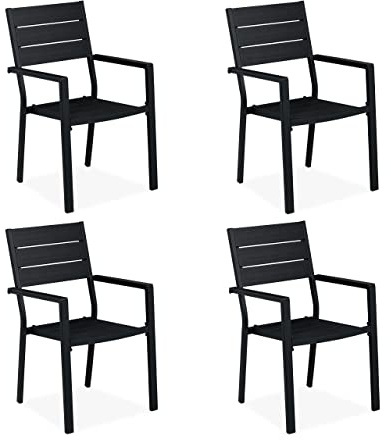 Relaxdays Set 4 Sillas Jardín, 90 x 53,5 x 59 cm, Silla Balcón con Reposabrazos, Metal, Muebles Terraza Modernos, Negro