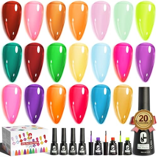 Clara Colors Jelly Gel Lack, 20 Farben Trendy Neon Jelly Gel Nagellack Set Glänzend Kristall Transparent Lack Nude Pink Lila Grün Blau Gelb Rot Farben Nagellack Set Soak Off UV LED