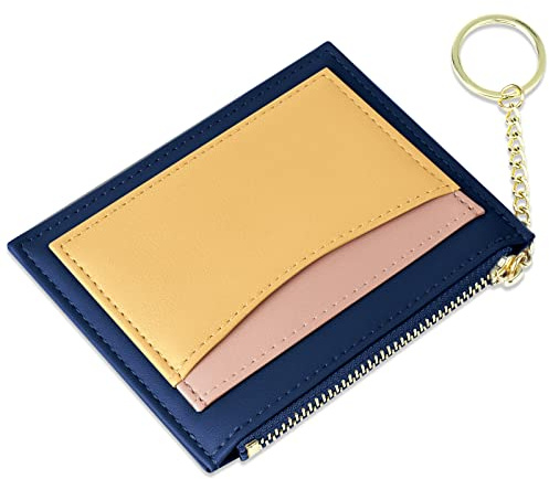 URAQT Cartera Minimalista de Cuero con Cremallera, Mini Protector de Tarjetas de crédito, Llavero de Bolsillo Frontal para Mujeres y Hombres, Bloque de Color Azul Real., Talla única, Minimalista