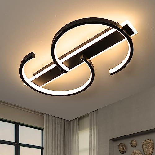 LUOLONG Plafonnier LED plafonnier dimmable noir lampe de salon 45W avec télécommande 2 anneaux cercle plafonnier chambre lampe bureau d'étude éclairage de plafond led moderne-50cm Schwarz