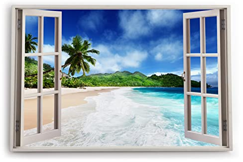 Paul Sinus Bilder Fensterblick 120x80cm Südsee Palmen Meer Strand Sommer Sonnenschein Kunstdruck Wanddeko Wand Wohnzimmer
