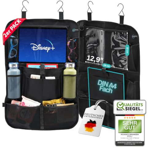 2er Set Auto Organizer 2te Generation | Kinder mit großem Fach für Spielzeug & Tablet bis 12,9 Zoll, Baby & Reise Gadget, Urlaub Zubehör, Rückenlehnenschutz, Rücksitzschoner, Tasche Reisen, schwarz