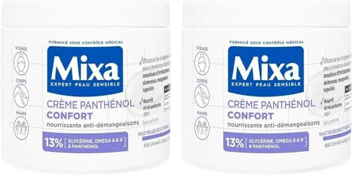 Mixa Intensive trockene Haut – Creme Panthenol Komfort – gegen Juckreiz – sehr trockene und reaktive Haut – Gesicht, Körper, Hände – Baby, Kinder, Erwachsene, hypoallergen – parfümfrei – 400 ml x 2
