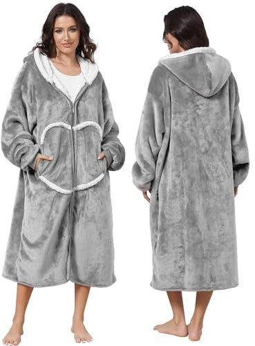 FEELJAM Decke mit Ärmeln und Kapuze, Hoodie Decken Pullover Kuscheldecke mit Ärmeln und Reißverschluss, Wearable Blanket Unisex (Hellgrau)