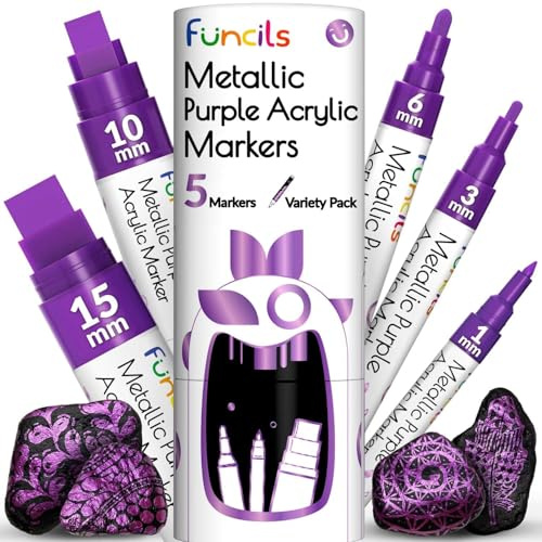 5 pennarelli indelebili viola metallizzati, punta extra fine, sottile e jumbo (1 mm, 3 mm, 6 mm, 10 mm, 15 mm), per tessuti, metallo, plastica, tela, legno, pittura su roccia, vetro, colore viola