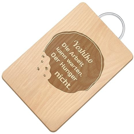 Maverton Schneidebrett mit Gravur, Brotzeitbrett mit Metallgriff | Personalisiertes Küchenbrett aus Buchenholz, Holzbrett mit Wunschmotiv für Frauen, Größe: 32x18 cm, Hunger