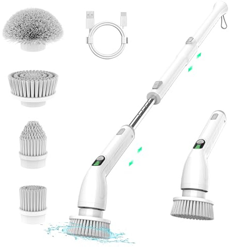 Keimi Electric Spin Scrubber, 2024 New Full-Body IPX7 Waterproof Cordless Bathroom Scrubber with 4 Replaceable Heads, Adjustable Extension Handle, Shower Cleaning Brush for Bathtub, Grout, Tile, Floor