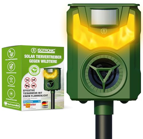 ISOTRONIC Solar Tiervertreiber zur Abwehr von Waschbären, Rehen, Füchsen & Wildschweinen – Wildtier Vertreiber mit Frequenz + Flammenlicht – effektive Tierabwehr (1 Stück)