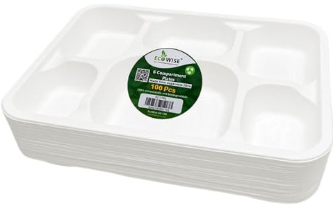 Ecowise | 6 Compartment Bagasse Food Tray - 100 Pcs | 100% Biodegradable and Compostable | Dinner | ECO Friendly | Disposable | Paper | Made from Sugarcane Fibre - By Best House