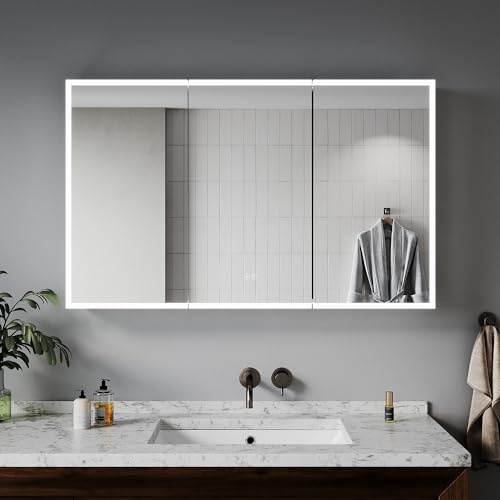 ELEGANT Bathroom Wall Mirror Cabinet with Bluetooth Speaker, 1050 x 650mm | LED Bathroom Cabinet with Shaver Socket, Triple Door Stainless Steel Cabinet with Adjustable Shelves for Bathroom Toiletries