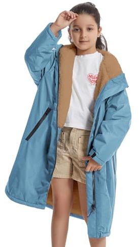 MUTAO Warm Thick Lambswool Swim Parka for Kids, Oversized Hooded Surf Poncho Loose Waterproof Swimming Coat（7-14 Years Old） (Blue)