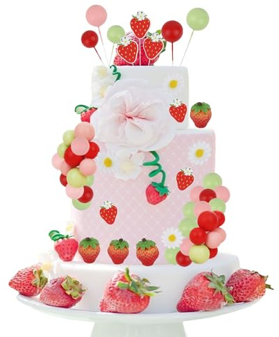 Cheereveal Strawberry Cake Figures Decorations for Girls - Strawberry Theme Birthday Cake Cupcake Toppers Ball Dessert Picks, Fruit Theme Birthday Party Baby Shower Celebration Photo Props