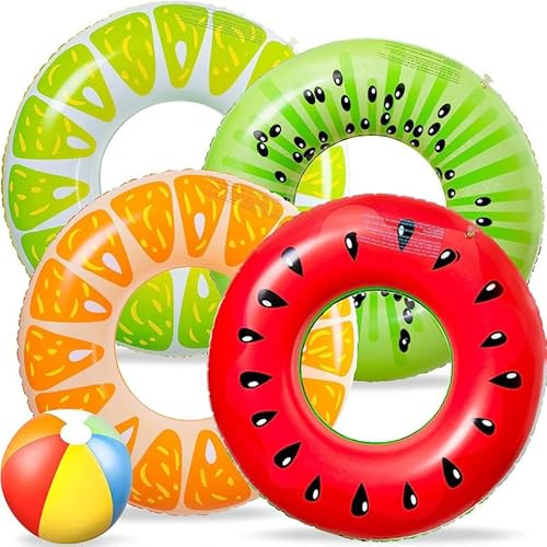 SJMR 4PCS Fruit-Themed Inflatable Swimming Rings with 1 Beach Ball – Fun Summer Pool Toys for Kids, Lightweight & Colorful, Ideal for Beach, Holidays, Garden & Water Play
