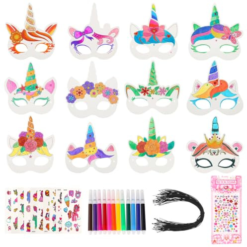 Kayqbonke 36 Pièces Masques de Licorne pour Enfants, 12 Styles Masque Visage Enfant, Ensemble de Bricolage pour Enfants Masques de Licorne pour La Décoration Intérieure, Le Graffiti Fait à La Main