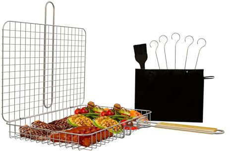 Aisle 3 Essentials Grillkorb, BBQ Grillkorb mit Edelstahlkorb, Tragbares Outdoor BBQ Rack für Fisch, Garnelen, Fleisch, Gemüse, Camping, Cookouts, Barbeque