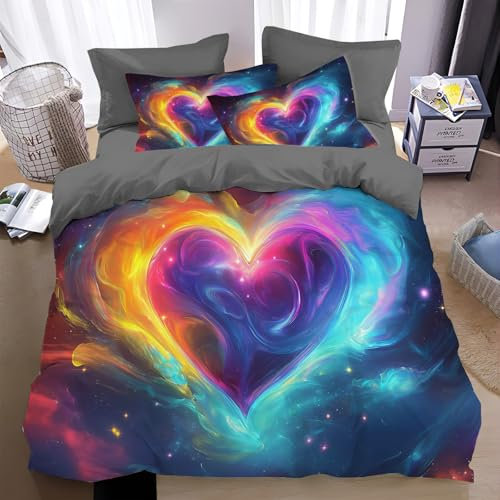 letto stampato in 3D, copripiumino con stampa 3D e chiusura a cerniera, simbolo astratto a forma di cuore 3D, universo della galassia, copripiumino stampato, copripiumino in morbida king size