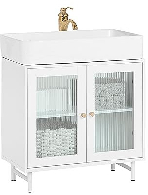 Mueble de baño con puertas de cristal para debajo del fregadero, organizador de almacenamiento (blanco, 60 x 30 x 58 cm)
