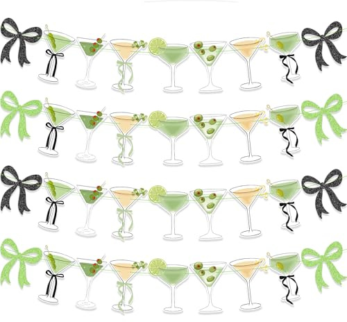 4Pcs Green Black Martini Bow Party Banner Garland, Pre Strung Martini Glasses Banner, Girls A Tiny Bit Older Martini Birthday Decorations, Martini Bachelorette Bridal Shower Martini Bow Party Decor