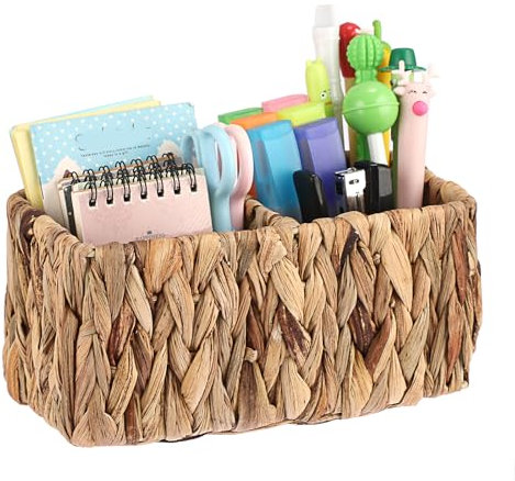 SUMNACON Cesto in rattan in giacinto d'acqua naturale, tessuto a mano, con 2 scomparti, per telecomando, cellulare, utensili da ufficio, soggiorno, bagno, camera da letto, 21 x 10,5 x 10,5 cm