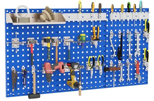 GOPLUS Panel Herramientas Pared, Panel Perforado 3 Piezas con 25 Ganchos, Organizador Herramientas Pared para Brocas y Destornilladores, Kit de Tablero de Clavijas de Metal para Garaje Taller (Azul)