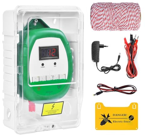 Pastor Eléctrico de 10 km Cercas Eléctrica Kit : 1x Electrificadores + 1x hilo canductores 200 m 2,2 mm² + 1x Estuche impermeable - Cerca Valla Eléctrica para Ganado, Caballos, Aves, Pastor (Verde)
