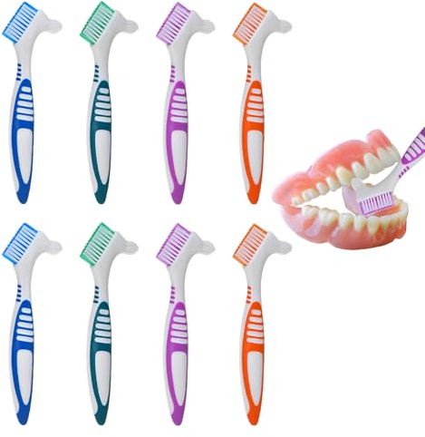 8 PCS Denture Brush Set,Portable Retainer Cleaning Toothbrush with Double Bristle Head,for Cleaning False Teeth Retainers and Mouth Guards,Rubber Double Sided Multi Layered Bristles